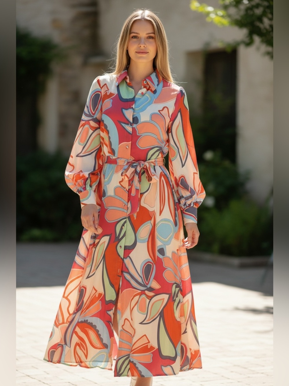 Alexis Multi-Color Abstract Print Button-Front shirt Dress. Size small